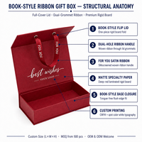 Boîte cadeau style livre rouge avec ruban, en carton rigide, poignée en ruban satiné, impression CMJN, couleur unie, logo personnalisé, OEM ODM, cadeau d'entreprise