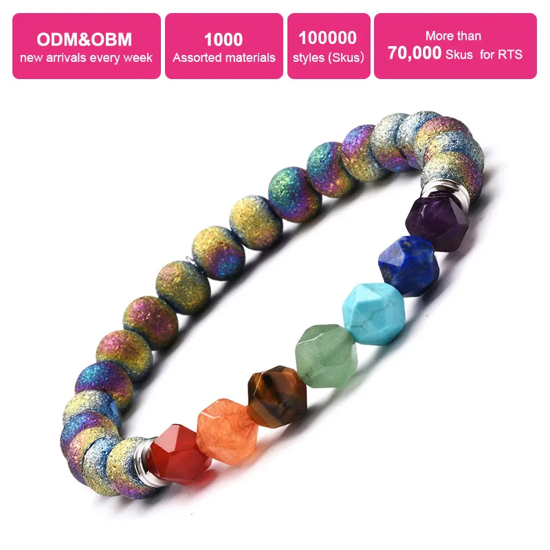 Bestone Healing 7 Chakras Multicolour Beads 8MM Plating Geode Agate Stone Beads Bracelet