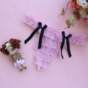 Lencería sexy para mujer, tanga de encaje rosa con lazo negro, ropa interior transparente - Product Image 3