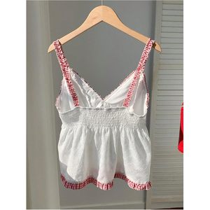 Women's Embroidered Camisole Top With Plaid Trim <b>Bow</b> Front Spaghetti Strap Peplum Design - Product Image 2
