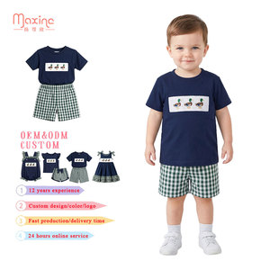 Ensembles de vêtements d'été <span class=keywords><strong>pour</strong></span> filles en coton imprimé, avec manches volantées personnalisées, smockées, broderie au nœud <span class=keywords><strong>français</strong></span> et nœud décoratif - Product Image 2