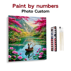 Kit de <span class=keywords><strong>peinture</strong></span> par numéros sur toile, art mural, paysage de rivière avec bateau de pêcheur et lotus, décoration de chambre, dropshipping, vente en gros - Product Image 1