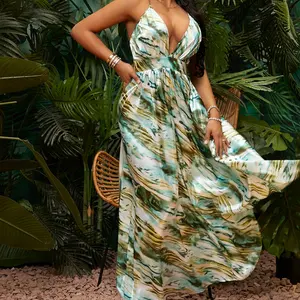 OEM Custom Plus Size long women dress Backless Print profondo scollo a v abito Casual Summer Ladies Sexy maxi Dress
