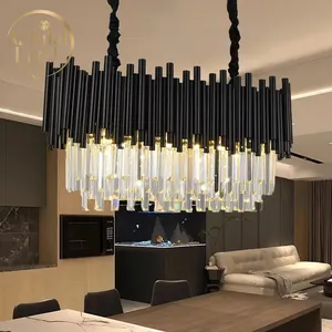 Luxury Creative Villa Restaurant K9 Crystal Chandelier Rectangular Post Modern LED Black Gold Hotel Project Pendant Light
