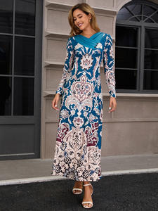 بيع بالجملة عبر الحدود أزياء أنيقة المرأة المطبوعة فستان الشيفون بأكمام طويلة طول الكلمة الأزهار الإمبراطورية فستان عارضة - Product Image 5
