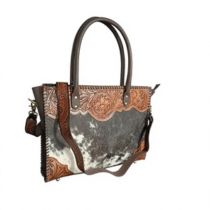 Sac fourre-tout en cuir véritable de style western, motif en cuir de vachette, gaufrage floral, mode vintage, rivets, deux poignées, fermeture à glissière, toutes saisons - Product Image 1