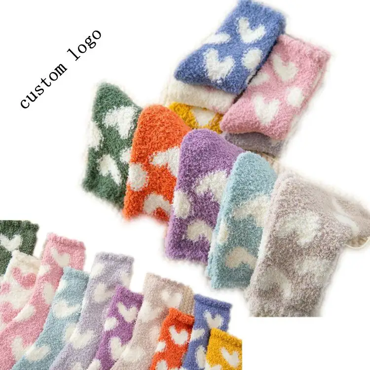 Custom Make Your Logo Your Own Designs Heart Winter Thick Fluffy Warm Coral Velvet Women Sleeping Socks fuzzy Socks Pink