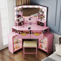 Coiffeuse d'angle avec miroir LED et prises électriques, table de maquillage cannelée avec 2 tiroirs et armoires de rangement