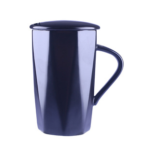 แก้วเซรามิครูปทรงเพชร สีชมพู ลายเรขาคณิต แก้วกาแฟสำนักงาน แก้วน้ำ มีหูจับและฝาปิด - Product Image 2