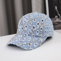 Casquette de baseball en jean vieilli OEM ODM à faible MOQ, entièrement ornée de strass géométriques, 6 panneaux structurés, vente en gros, fournisseur en vrac de casquettes personnalisées