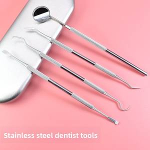 Ensemble d'outils dentaires en acier inoxydable argenté à poignée moletée, éliminateur de tartre et de plaque, ensemble de soins bucco-dentaires 4 pièces avec miroir buccal - Product Image 1