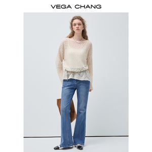 Pull en maille décontracté beige à manches longues VEGA CHANG, col bateau, texture <span class=keywords><strong>ajourée</strong></span> et ourlet à volants, coupe ample et confortable - Product Image 3