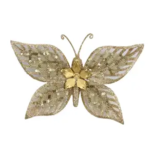 New Hot Sale 7 Zoll Gold Kunststoff Schmetterling Metall Blume Pailletten Gold Pulver Dekoration Schmetterling Ornament Mit Clip