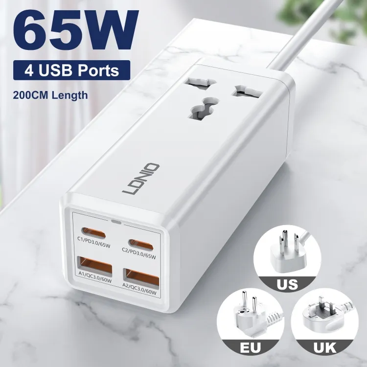 LDNIO Extension Socket US/EU/UK Universal Power Strip 65W 4 Ports Fast Laptop Charging QC3.0 PD Type-C Multifunction Charger