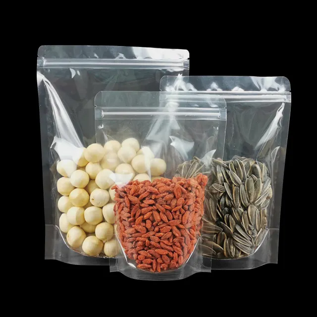 Pochette debout transparente PET en stock, sacs en plastique à fermeture éclair, pochette d'emballage en poudre d'épices pour aliments