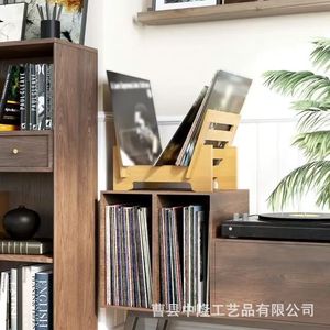 Wooden Record Rack Inclined <b>CD</b> Storage Holder Rustic Design Tabletop Music Display <b>Stand</b> Natural Wood Color - Product Image 4