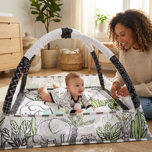 Tapis de jeu et piscine à balles Premium Noir et Blanc Thème Jungle pour bébé, base rembourrée lavable <span class=keywords><strong>en</strong></span> machine, jouets sensoriels à hochet, cadeau pour nourrisson - Product Image 2