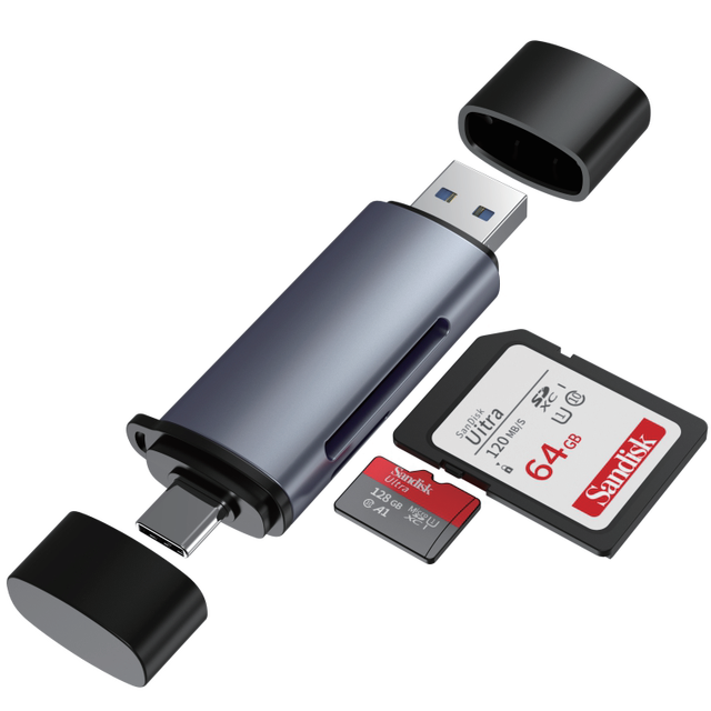 JCR001 2-in-1 Type-C/USB External Laptop Card Reader with Multi Card Support