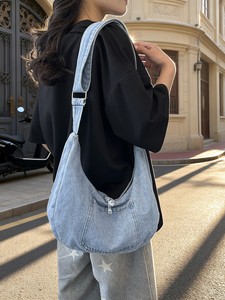 Vintage Indigo Casual Shoulder <b>Bag</b> for Female <b>College</b> Students Jeans Material Button Closure Single Strap Portable Design - Product Image 1