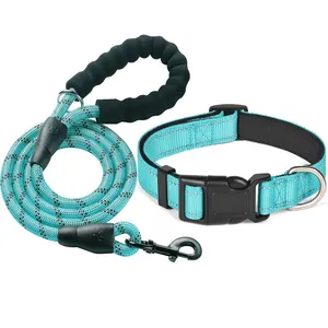 Conjunto de Correa y collar de perro de cuerda reflectante acolchado con collares y correas de nailon ajustables de neopreno suave para perros