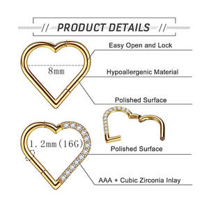 एटम f136 टाइटेनियम जिरकॉन पाइर्सिंग डेथ हैलिक्स हार्ट इयररिंग हूप 16 ग्राम कार्टिलेज ट्रेमस रिंग रिंग हिंग सेगमेंट रिंग क्लीकर - Product Image 4