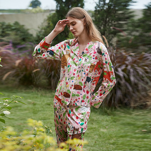 Autunno pigro stile fragola <span class=keywords><strong>gatto</strong></span> stampa <span class=keywords><strong>pigiama</strong></span> ragazza seta ghiaccio traspirante vestiti per la casa - Product Image 3