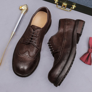 Chaussures Richelieu Brogue Derby pour Hommes, Style Rétro Britannique, Marron Beige, Confortables, Rehaussantes, en Cuir de Cheval, Cousu Goodyear, à Lacets - Product Image 4