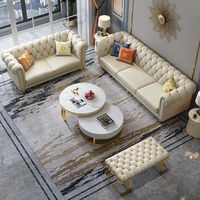 Set Sofa Velvet Chesterfield Putih Ottoman 3+2+Ottoman Modern untuk Ruang Tamu, Gudang, Sekolah, Vila