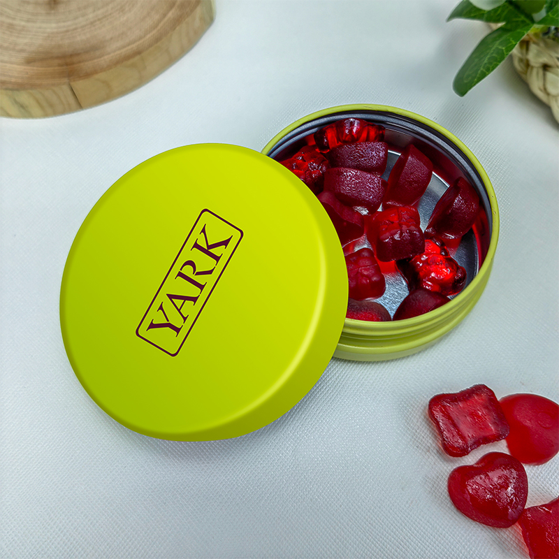 Customized Food Grade Metal Candy Packaging Round Child Resistant Gummies Tin Packaging