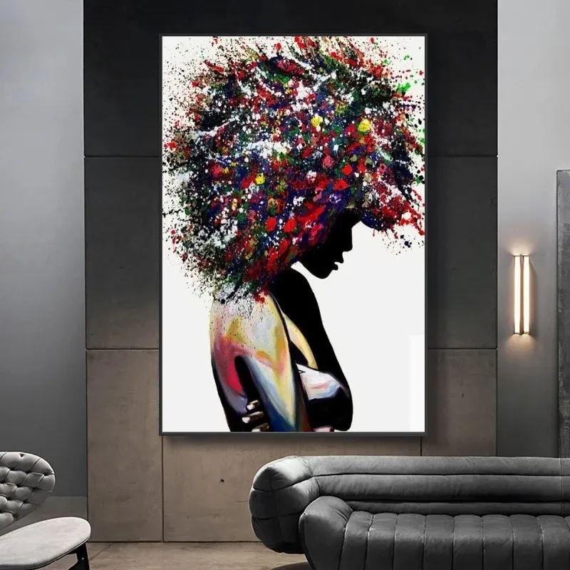 現代のグラフィティアートキャンバス絵画抽象的な黒人女性の壁のアートポスターとプリント家の壁の装飾のためのアフリカのアート写真