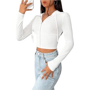 FOXA Women's <b>Zip</b> <b>Up</b> <b>Cropped</b> Hoodie Sweatshirt Long Sleeve Knitted Breathable Y2K Crop Top Casual Fall Outfit - Product Image 3