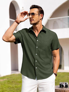 Men's Gray Short Sleeve Cotton Poplin Casual Shirt Solid Color Turn-down Collar Breathable Summer Wear - Product Image 4