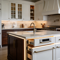 Meubles de cuisine de luxe minimalistes avec finitions dorées, îlot incurvé et solutions de rangement dissimulées