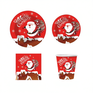 Joyeux Noël – Ensemble de vaisselle jetable 50 pièces : Assiettes, serviettes et gobelets en papier – Fournitures de fête de style dessin animé rouge - Product Image 1