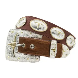 สีน้ำตาลหนัง Western Texas Gold Tauren Concho Studded ที่ถอดออกได้ Rhinestone เข็มขัด110ซม.