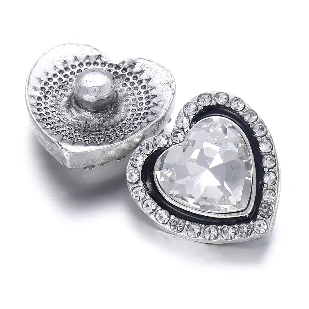 High Quality 18mm Rhinestone Crystal Heart Shape Alloy Charm Snap Button fit Necklace Snap Jewelry