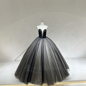 Spjy015 Elegante Vestido de Quinceañera Negro con Corsé Dorado con Cuentas, Vestido de Tul Gris Ahumado para Baile de Graduación, Jancember - Product Image 4