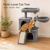 Arbre à chat à trois niveaux en gros avec double niche, poteau à gratter en sisal, tour à chat en peluche à monter soi-même pour chats d'intérieur OEM