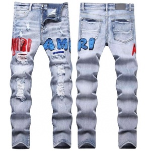 AM Foreign Trade Slim-fit Stretchy Spring Splicing Cotton Elastic Embroidery Collar <strong>Label</strong> Ripped Printed England Men's <strong>Jeans</strong> - Product Image 5