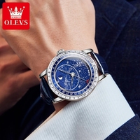 Olevs 9923 Bleu Montre Automatique Hommes Mode Bracelet En Cuir Reloj Montre Phase De Lune Auto Date Mécanique Unique Cadran Design Montres