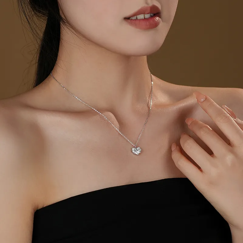 Mùa Hè 925 Sterling Silver Trắng CZ Kim Cương Thời Trang Dây Chuyền Nửa Màu Hồng Trái Tim Mặt Dây Chuyền Vòng Cổ Trang Sức Cho Phụ Nữ