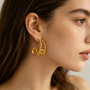 ZOGXIN Gold Geometric Hoop Earrings C Shape Beaded Design Fashion Stud Earrings - Product Image 4