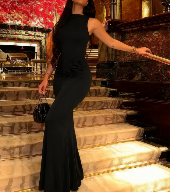 simple elegant maxi dress Betsy & Adam Mock-Neck Sheer-Sleeve Gown - Black