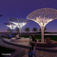 Sculpture d'arbre en métal coloré ajourée et perforée Vincentaa avec abri intégré et sièges intégrés pour place publique et parc