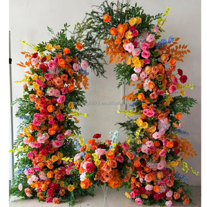 Goldener Halbmond-Bogen mit Orangen-Hortensien, Seidenrosen, Schleierkraut und Grün für Hochzeitsfeier, Zeremonie und Bühnendekoration - Product Image 4