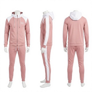 Conjunto Deportivo Unisex Rosa con Capucha y Cremallera Completa, Ropa Deportiva Informal con Rayas Blancas y Bolsillos Laterales, Corte Regular, Temporada de Otoño - Product Image 1
