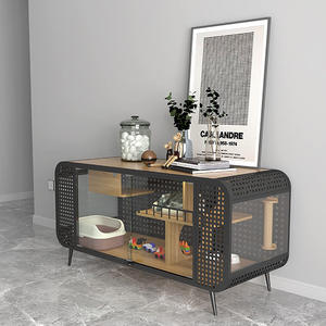 Özel katı All-in-One ahşap kedi çöp kapalı çiçek desen çelik yapı büyük uzay kedi kafes ve oturma odası TV kabine - Product Image 3