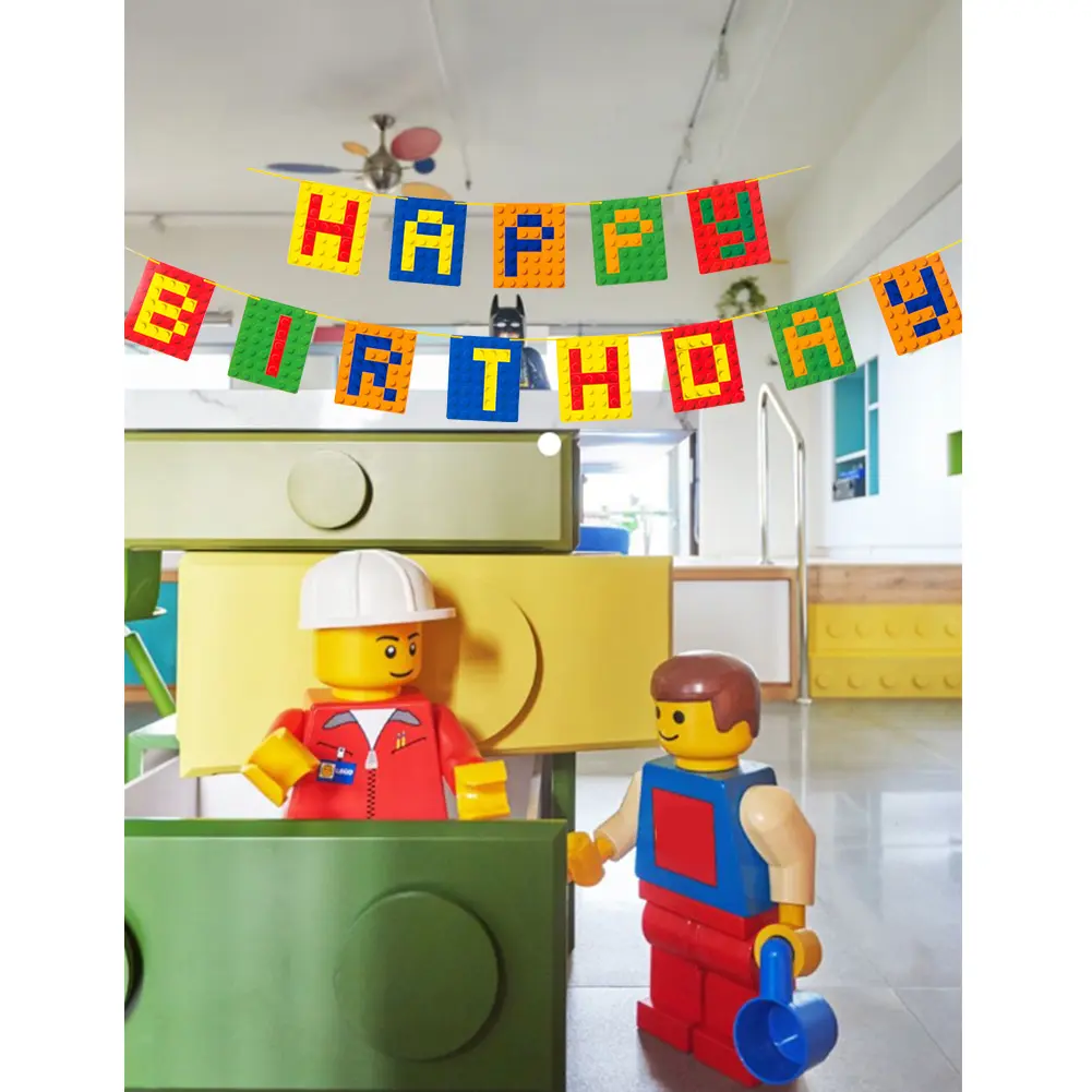 High Quality Building Block Theme Happy Birthday Party Banner kid minecraft birthday decorations