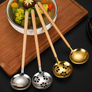 Mới Đến Thép Không Gỉ Súp Múc Với Tay Cầm Bằng Gỗ Nhà Bếp Rỗng Trong Skimmer Muỗng Công Suất - Product Image 2