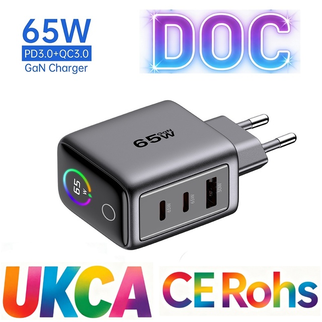 Tommox 65W GaN PD Fast Charger 3-Port with TFT Display Screen Type USB-C Wall Mobile Charger Adapter for Laptop Tablet Phone